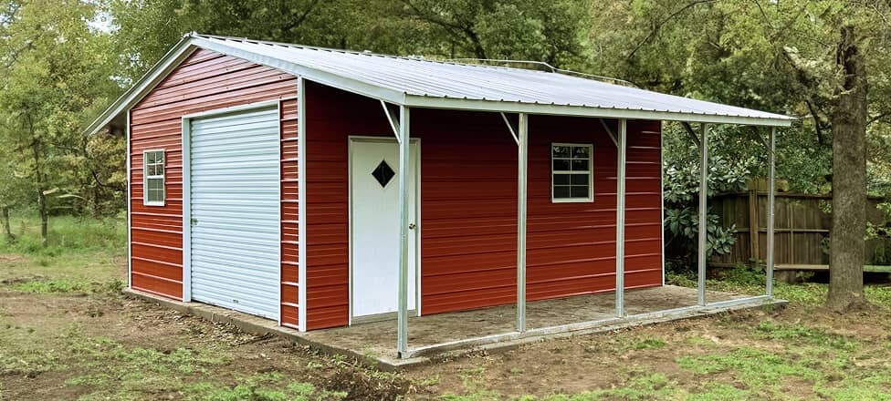 Red Metal Building with Lean-To, white garage door, and white entry door