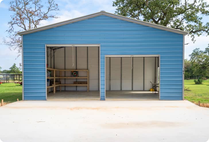 Slate Blue Metal Building with Gray Trim