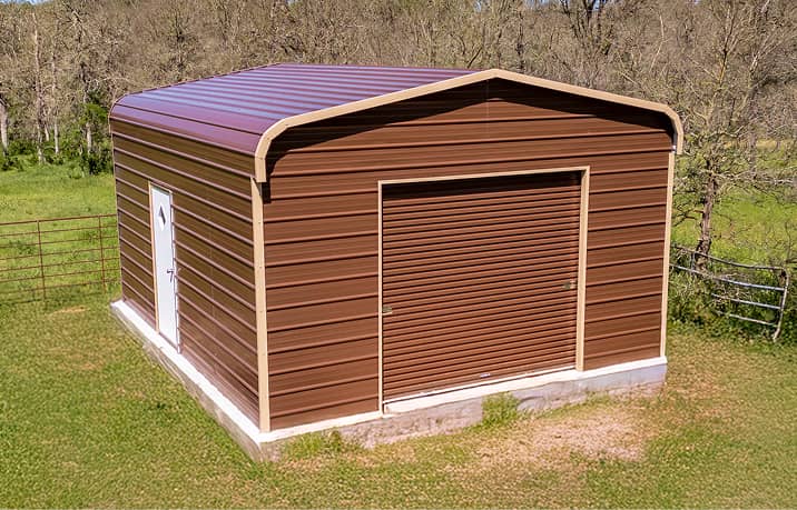 Red metal garage with two overhead doors