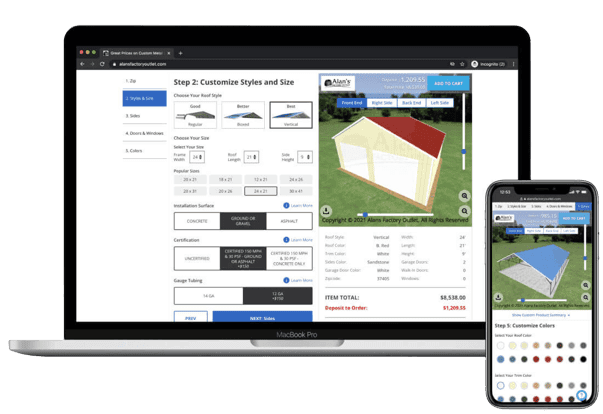 Screenshots of the Alan's Factory Outlet metal carport design tool