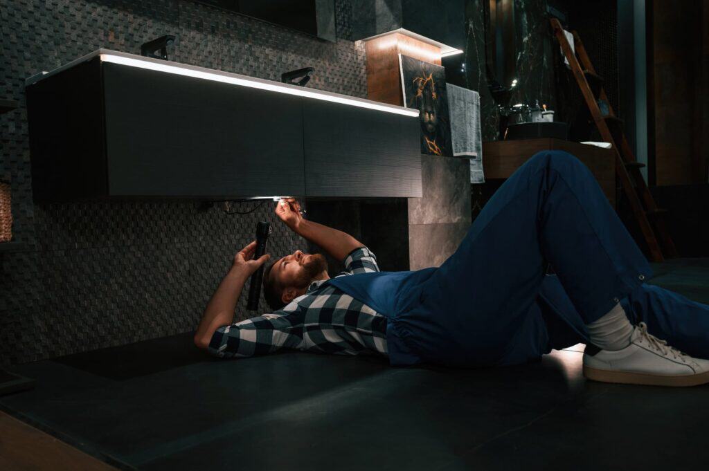 Man lying on the floor using a flashlight to work under a sink.