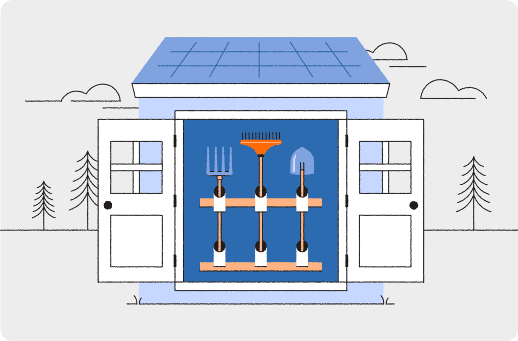 An illustration of an open garden shed showing hanging garden tools inside.