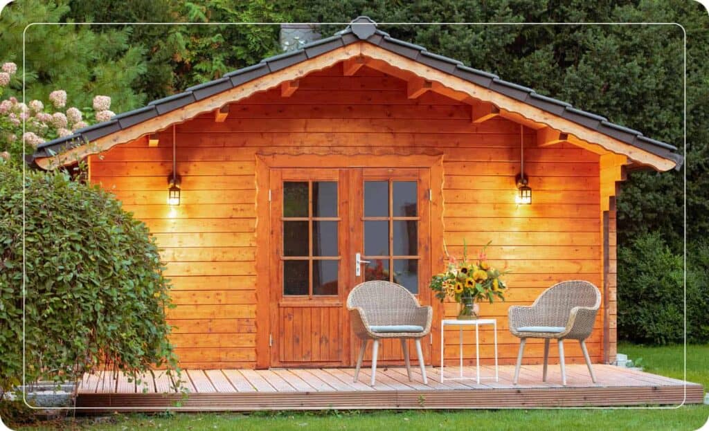 wooden shed with deck attached