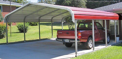 vehicle covered by a red metal carport