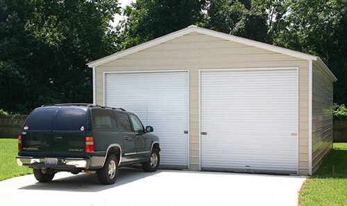 two-car metal garage with doors