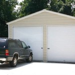 two-car metal garage with doors