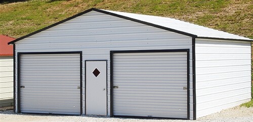 metal garage with two garage doors, a walk-in door, and black trim