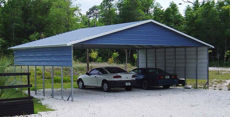Boxed eave steel carport with optional taller legs, 2 gables, 3' closed on left side and 6' closed on right side