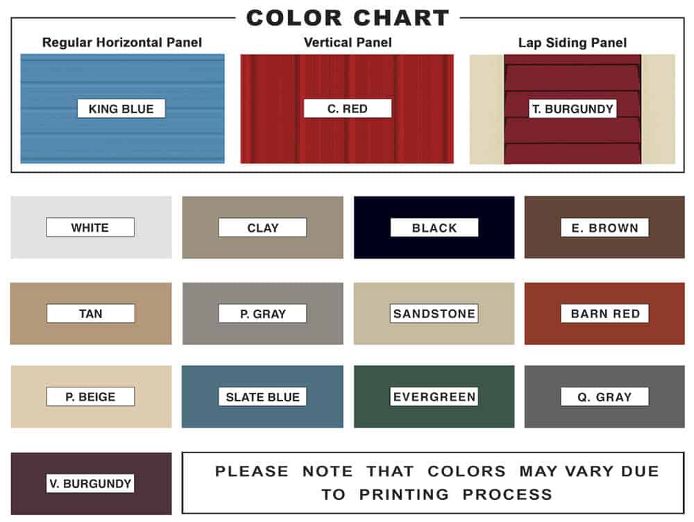 metal buiding, carports, garages color chart