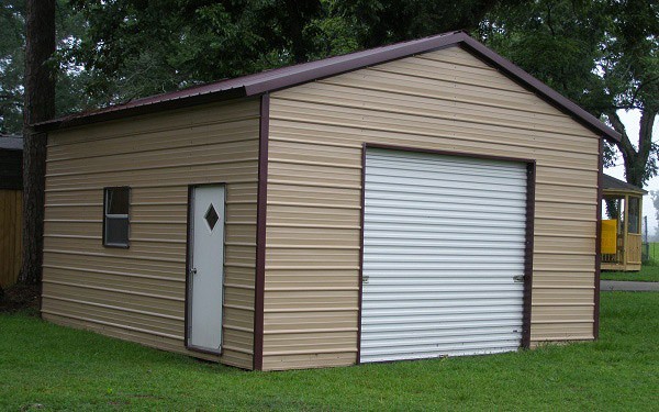 A picture of a one-vehicle metal garage for a motorcycle