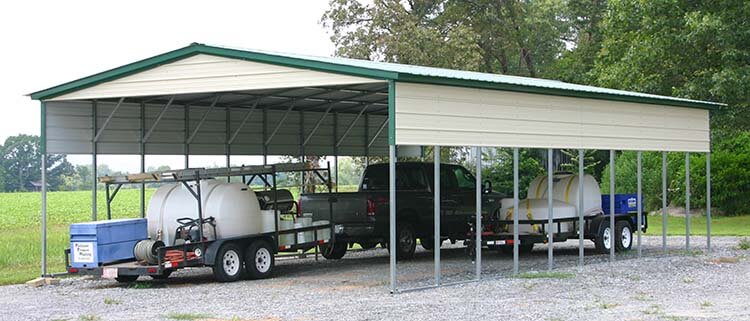 Vertical roof metal carport with optional taller legs, 2 gables and a 3' closed on both sides
