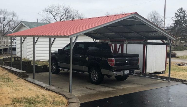 20x20 Vertical Roof Carport Alan S Factory Outlet   20x20 Vertical Metal Carport 2 Ea 768x442 