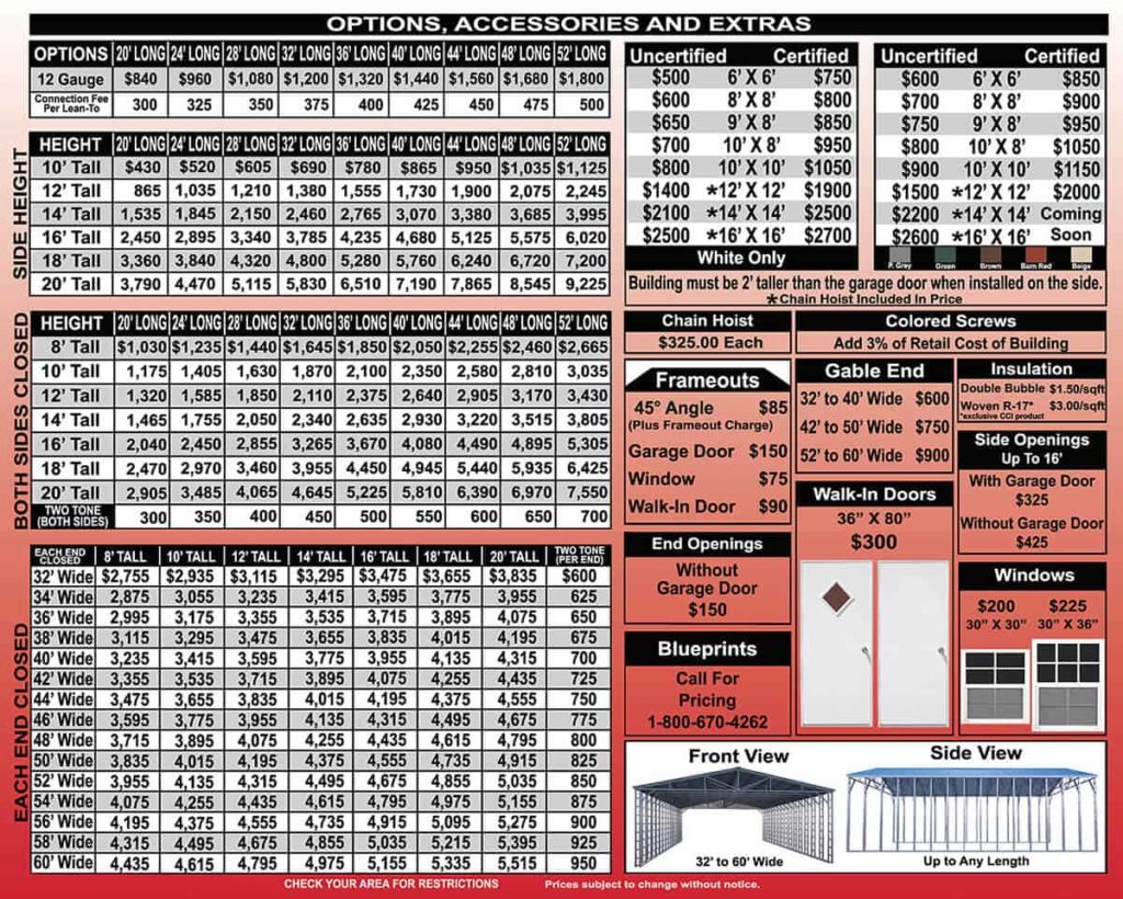 32 to 60 Wide Metal Building Option Prices