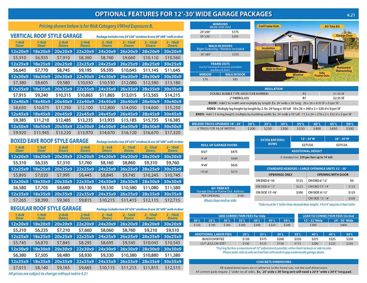 metal garage prices and sizes