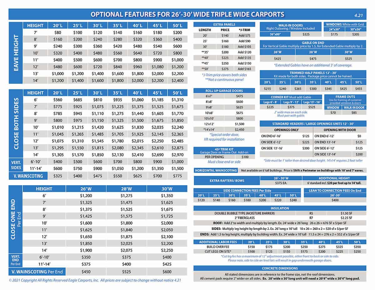 triple wide carport leg height prices