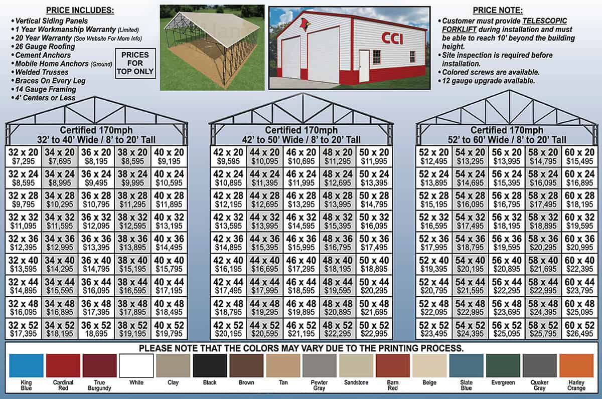 32 to 60 Wide Metal Buildings Prices Florida