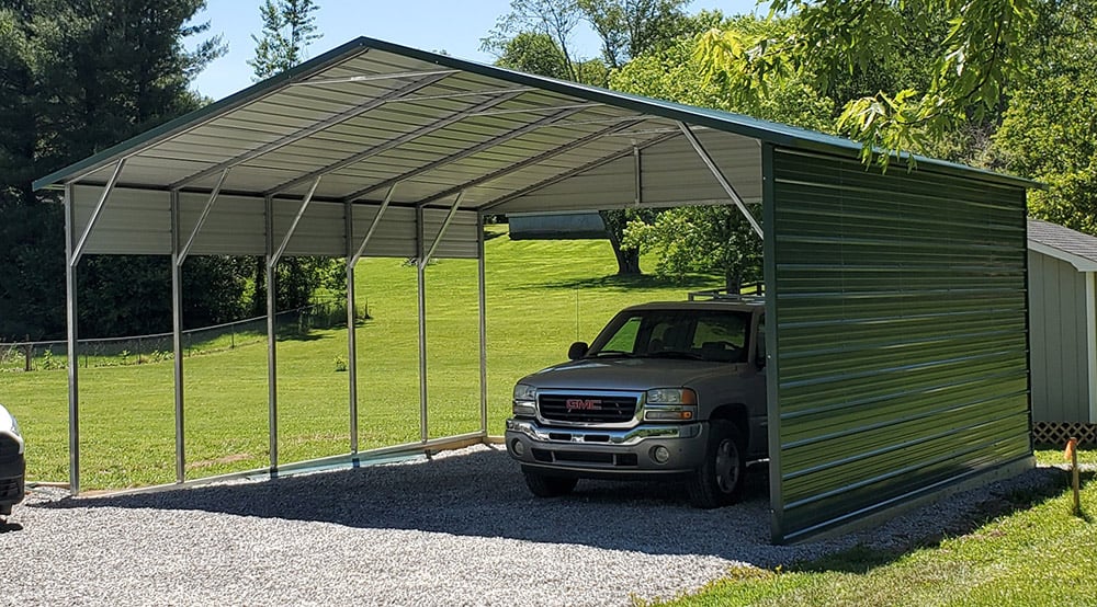 A customized metal car porch shelters a pickup truck