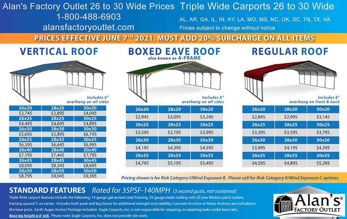 eagle carports 26 to 30 triple wide price list
