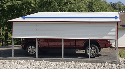 A white boxed-eave carport with partially enclosed sides and a pickup truck underneath