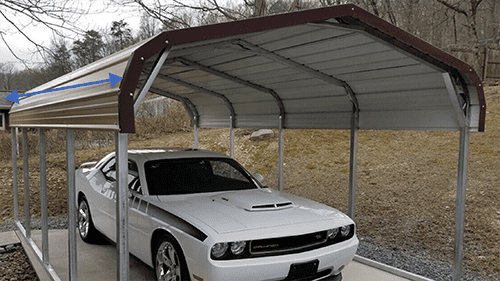 A white car sits underneath a brown regular-roof carport