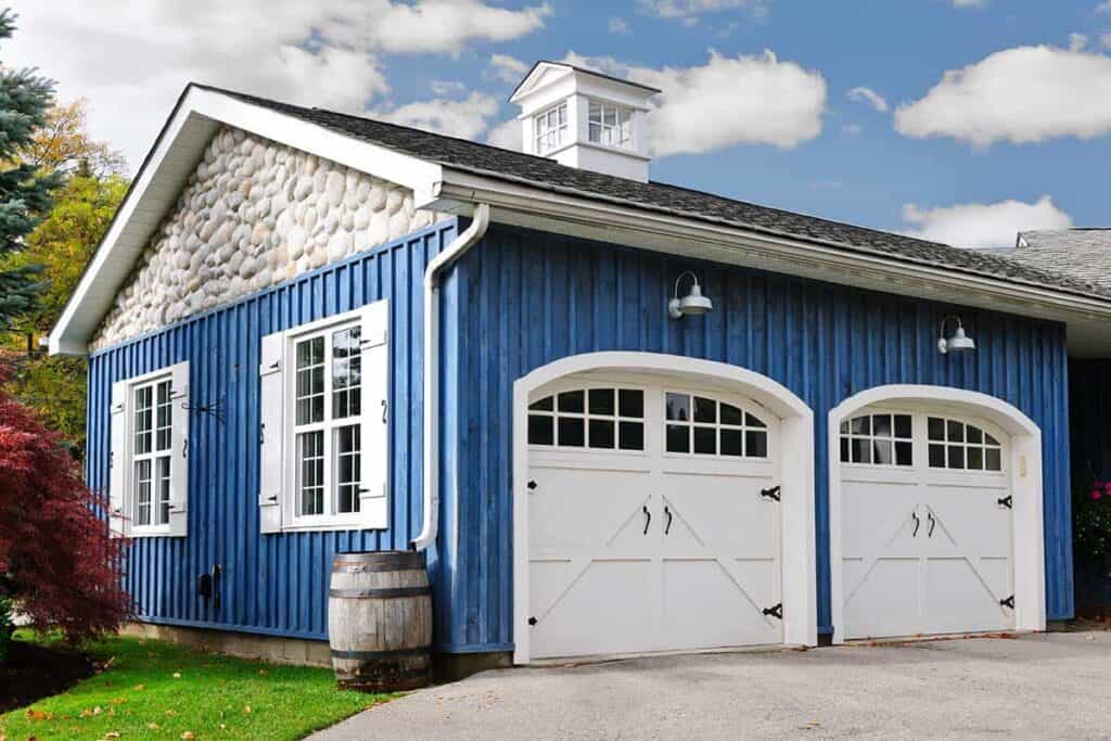 blue detached garage for two cars