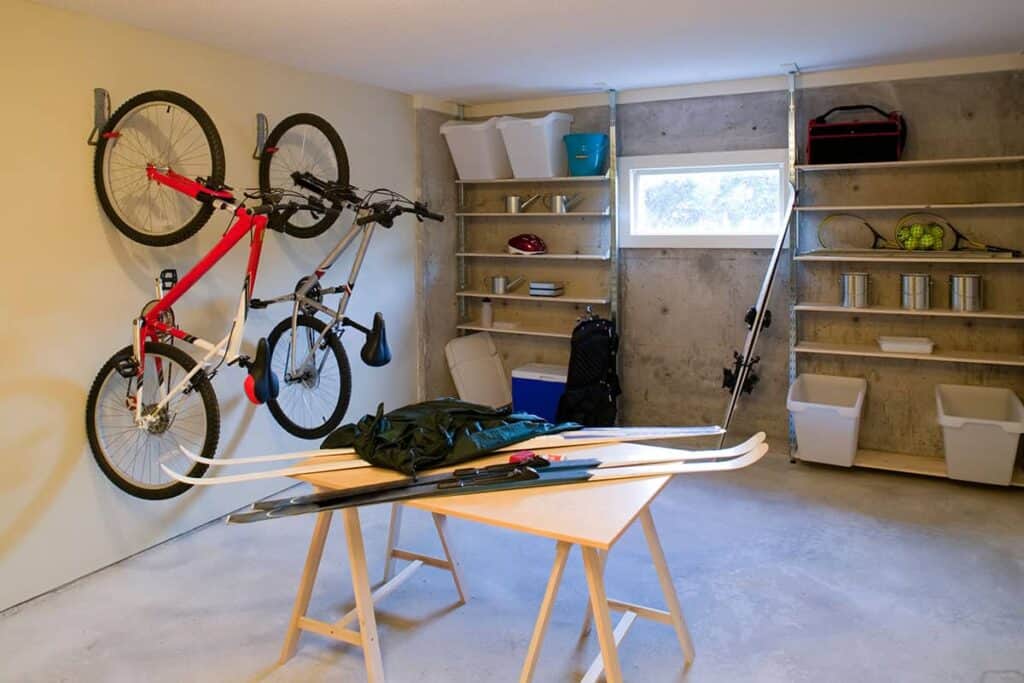 spacious two-car garage with bicycles and storage