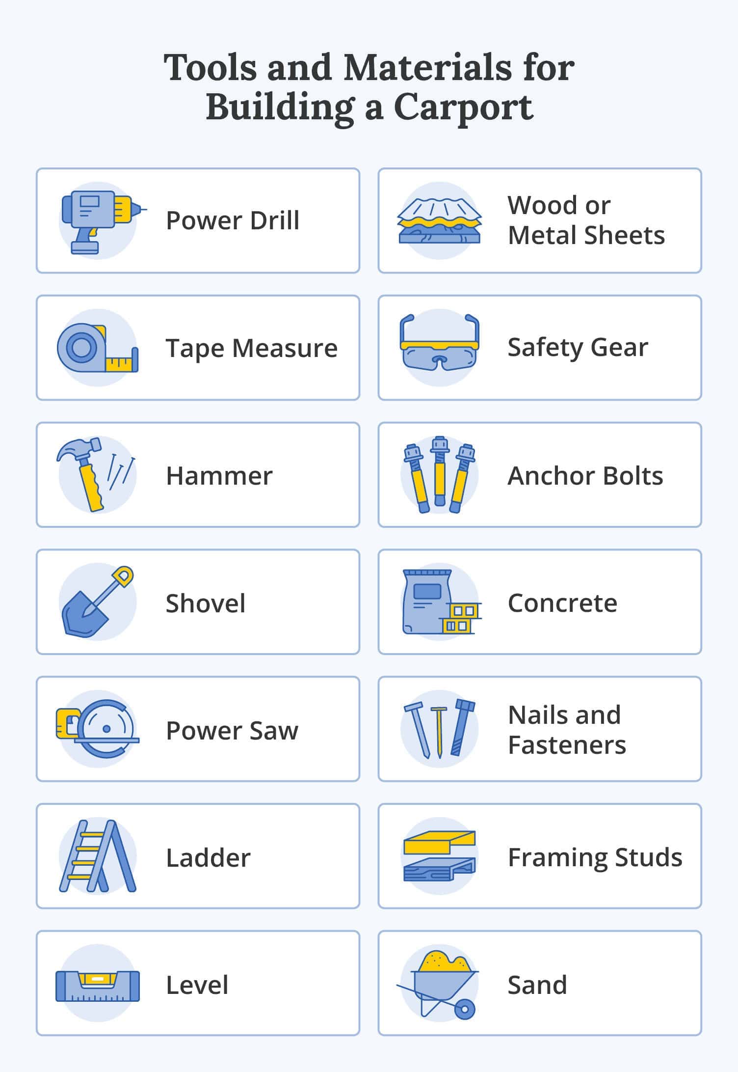 Tools and materials for building a carport
