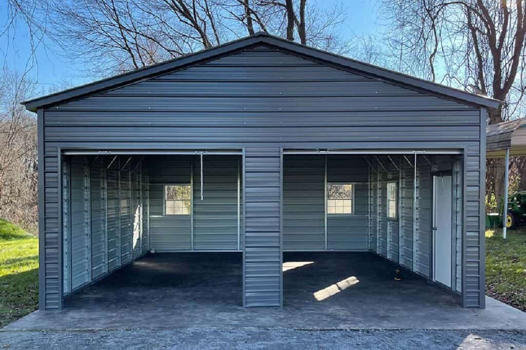 steel two car garage with doors open