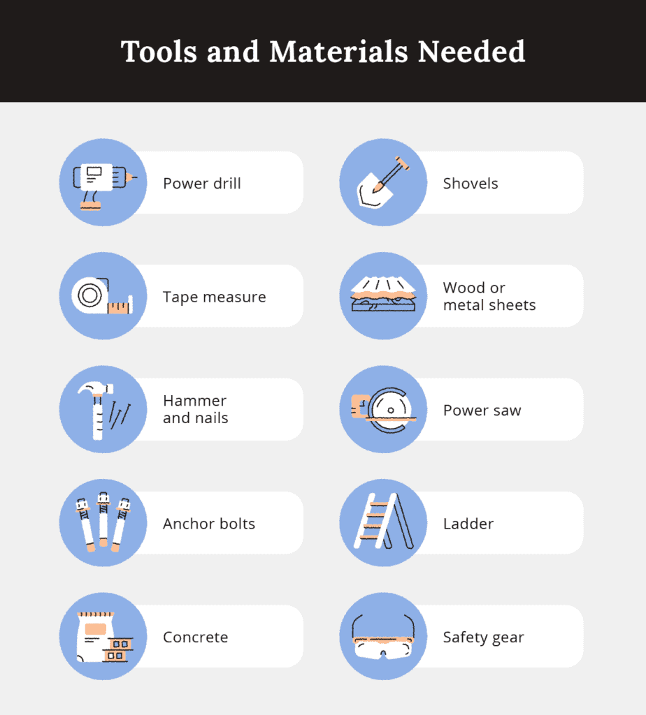 chart illustration of tools and materials to build a carport