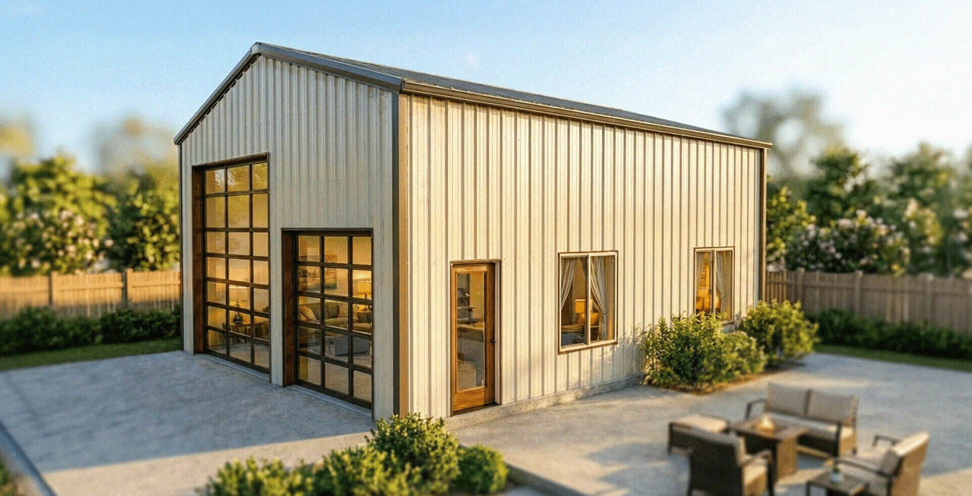 Modern metal garage-style building with tall glass doors and large windows, set on a concrete pad.