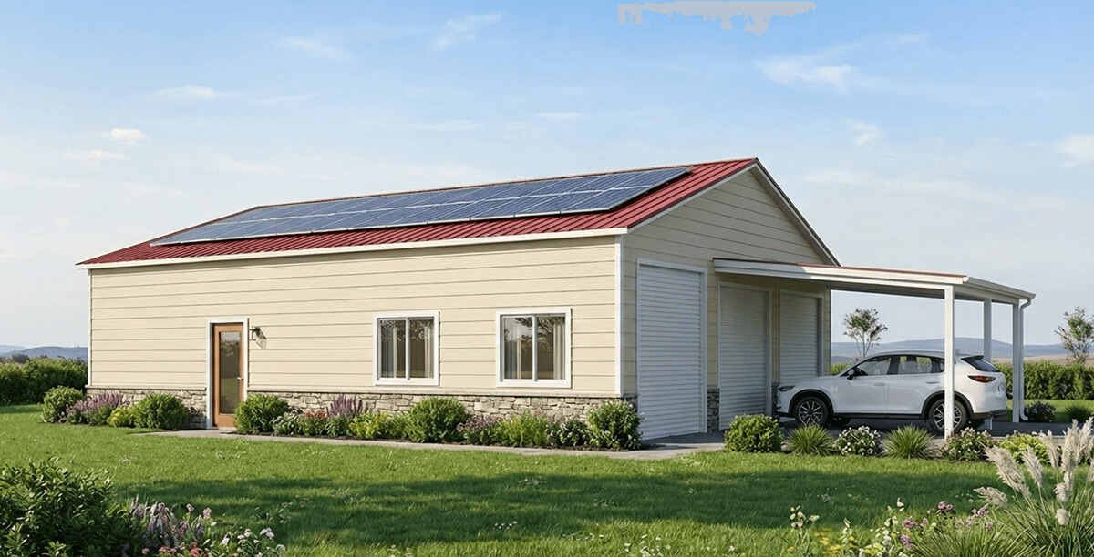 Single-story metal home with solar panels on a red roof and an attached carport.