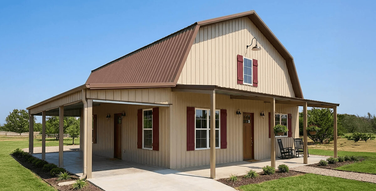 Two-story beige barndominium with a brown gambrel roof, wraparound covered porch, and red shutters on windows.