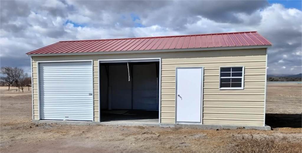 Metal garage with roll-up door