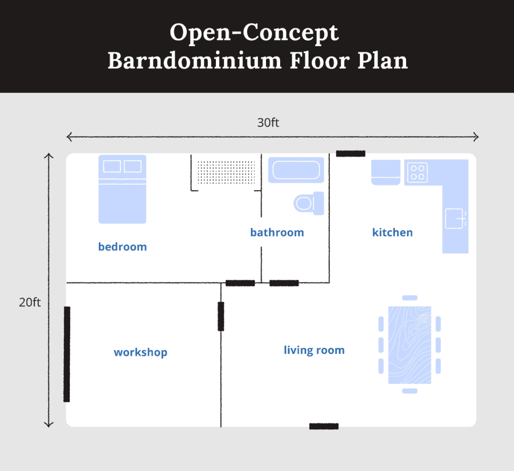 A floor plan of a 20x30 metal building barndominium.