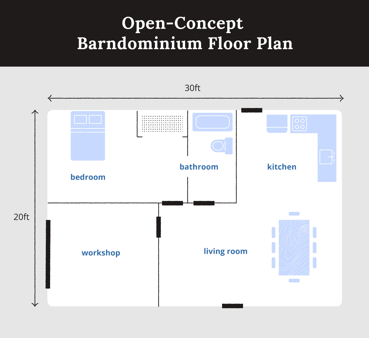 A floor plan of a 20x30 metal building barndominium.