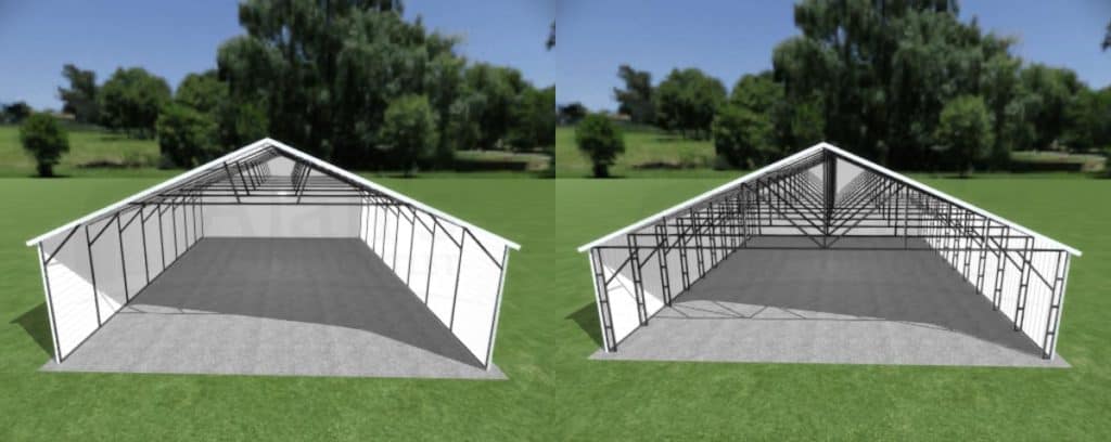 Steel frame for 30-foot-wide garage (left) and 32-foot-wide garage (right)