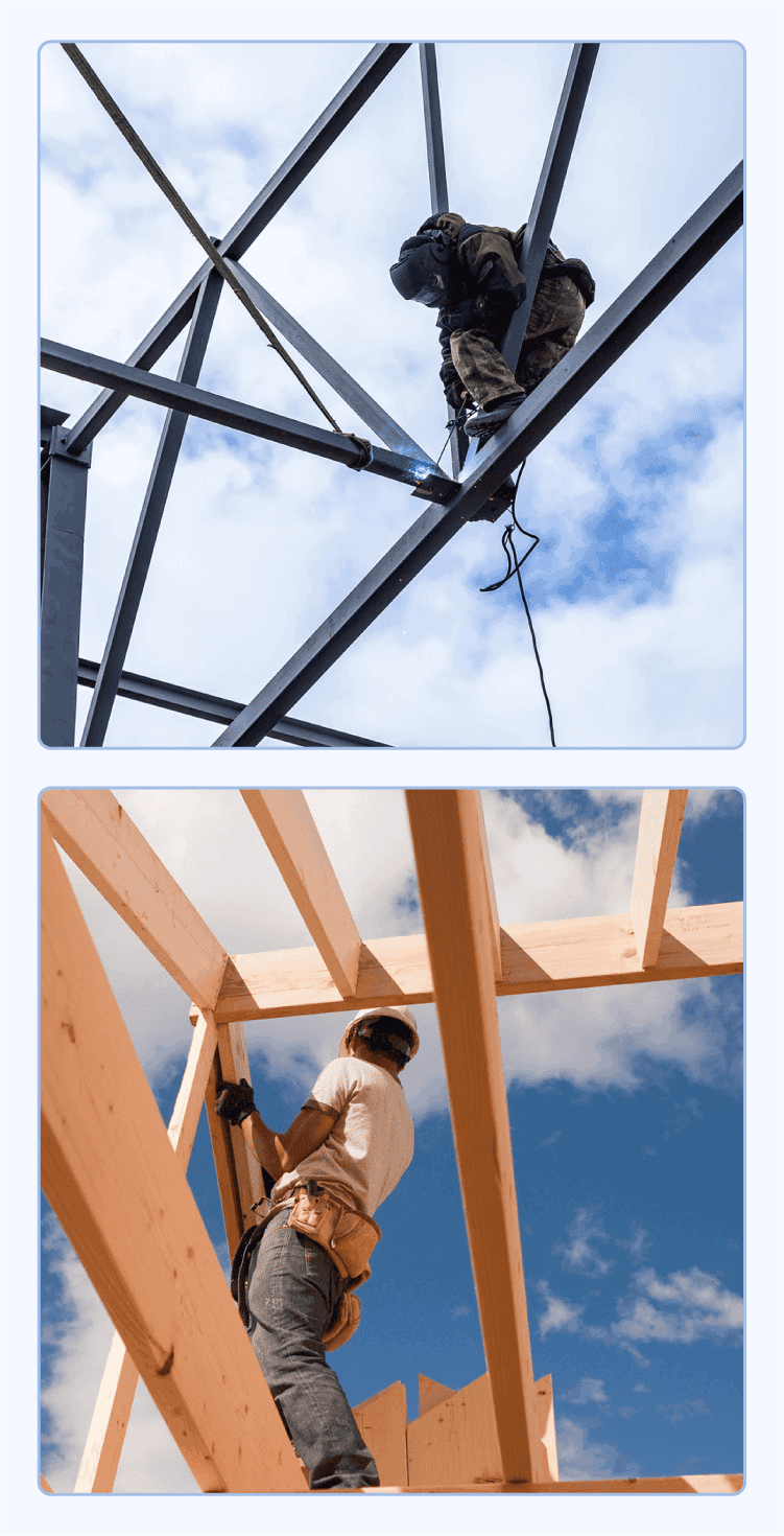 Photo comparison of a metal building's steel frame vs. a pole barn's wooden frame.