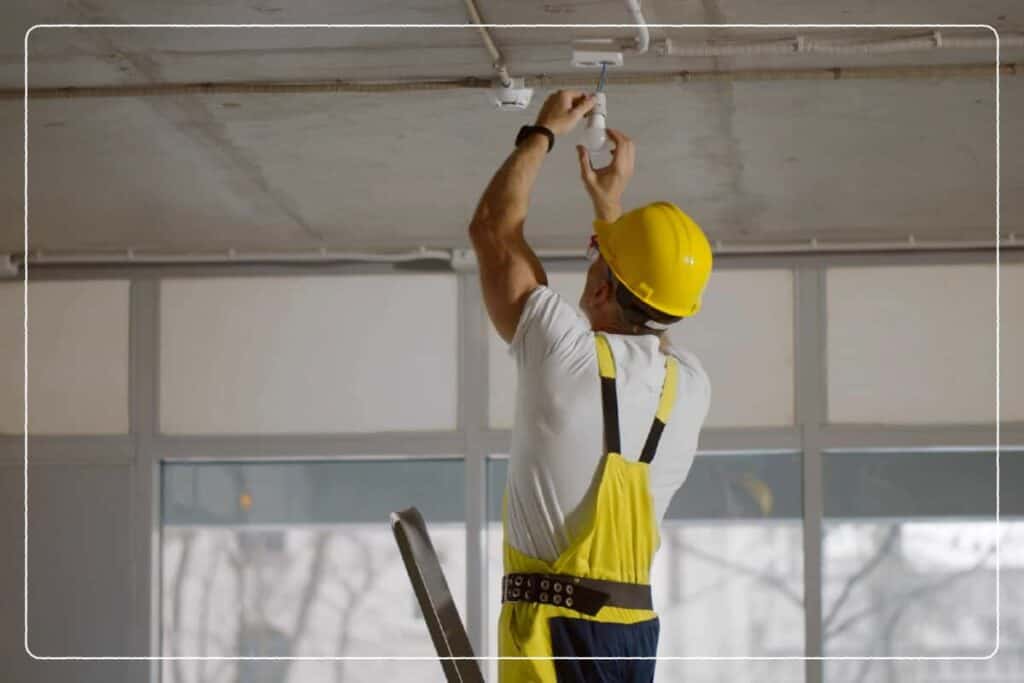 electrician installing lightbulbs in warehouse building