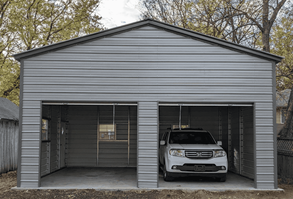 24x20 2 car metal garage with 10' legs and two 9x8 garage doors