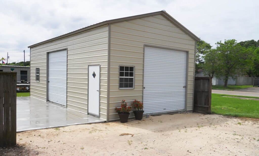 tan metal shed with garage door