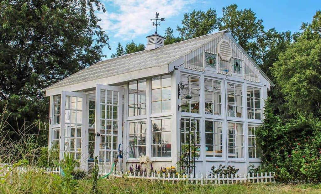 glass greenhouse shed style in yard