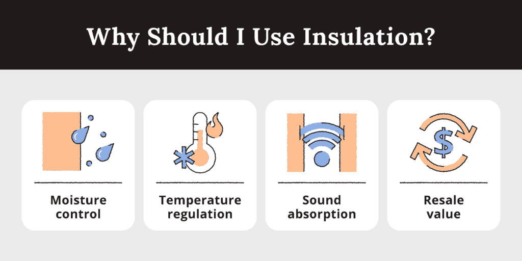 4 main benefits of insulation: moisture control, temperature regulation, sound absorption, resale value