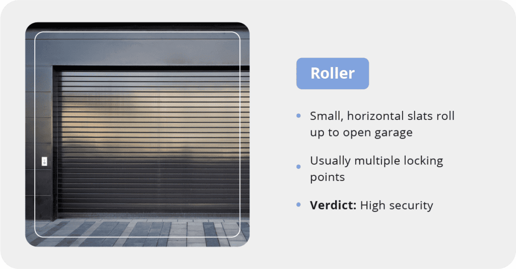 A closed black roller garage door. Roller doors open with small, horizontal slats that roll upwards. They usually have multiple locking points for better security.