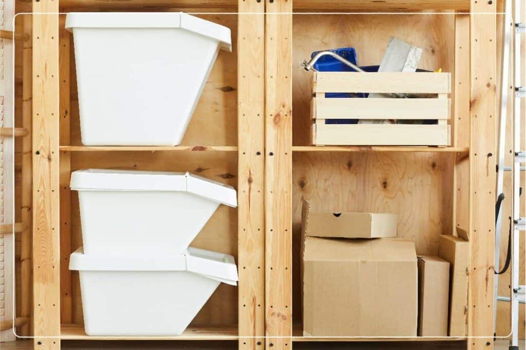 bins on shelves as garage storage ideas
