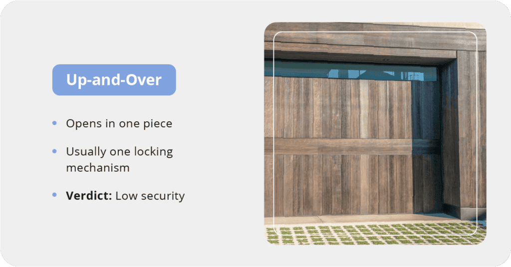A closed wooden up-and-over garage door that opens in one piece. They usually have one locking mechanism for lower security.