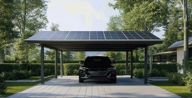 Modern solar carport with a flat roof, sheltering a black car on a paved driveway