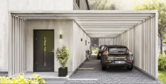 Modern attached carport with a minimalist pergola-style design, sheltering two cars beside a light-colored house