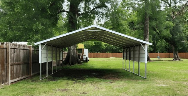 Open metal carport with side panels, set in a grassy backyard with trees and a wooden fence