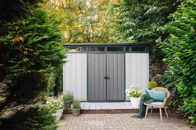 metal garden shed in backyard