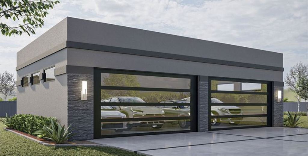 2 x double full-view glass garage door for a four-car garage.